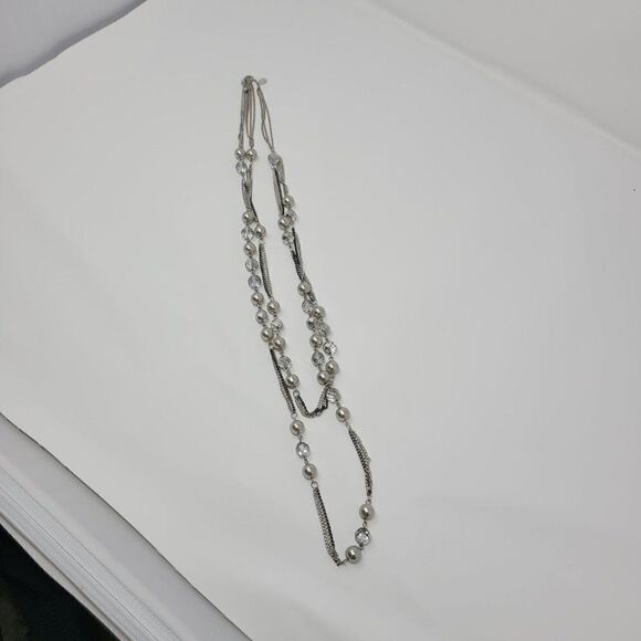 Express Layered Princess Matinee Necklace Silver Faux Pearl Crystal Multi Chain - Picture 6 of 10